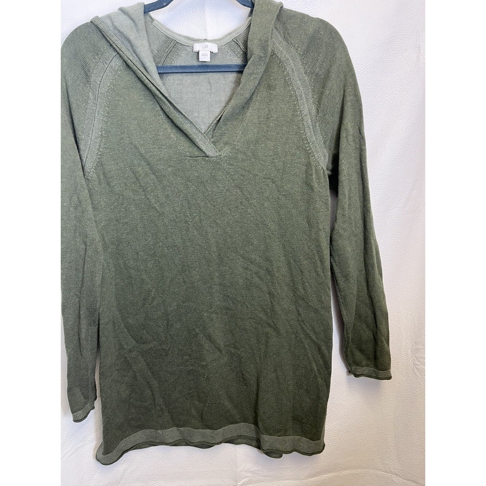 J. Jill Sage Green Thin Knit Hoodie Tunic  Pullover Sz Small 3/4 Sleeves Cotton